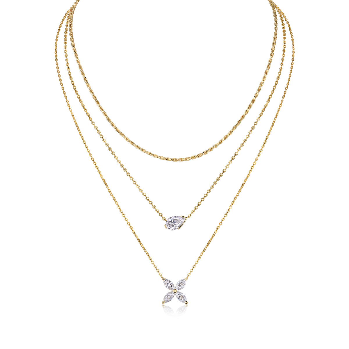 Silver Gold Plated Layered Necklace, 7x11mm Pear D-VVS1 Moissanite, 10.8g Triple Chain