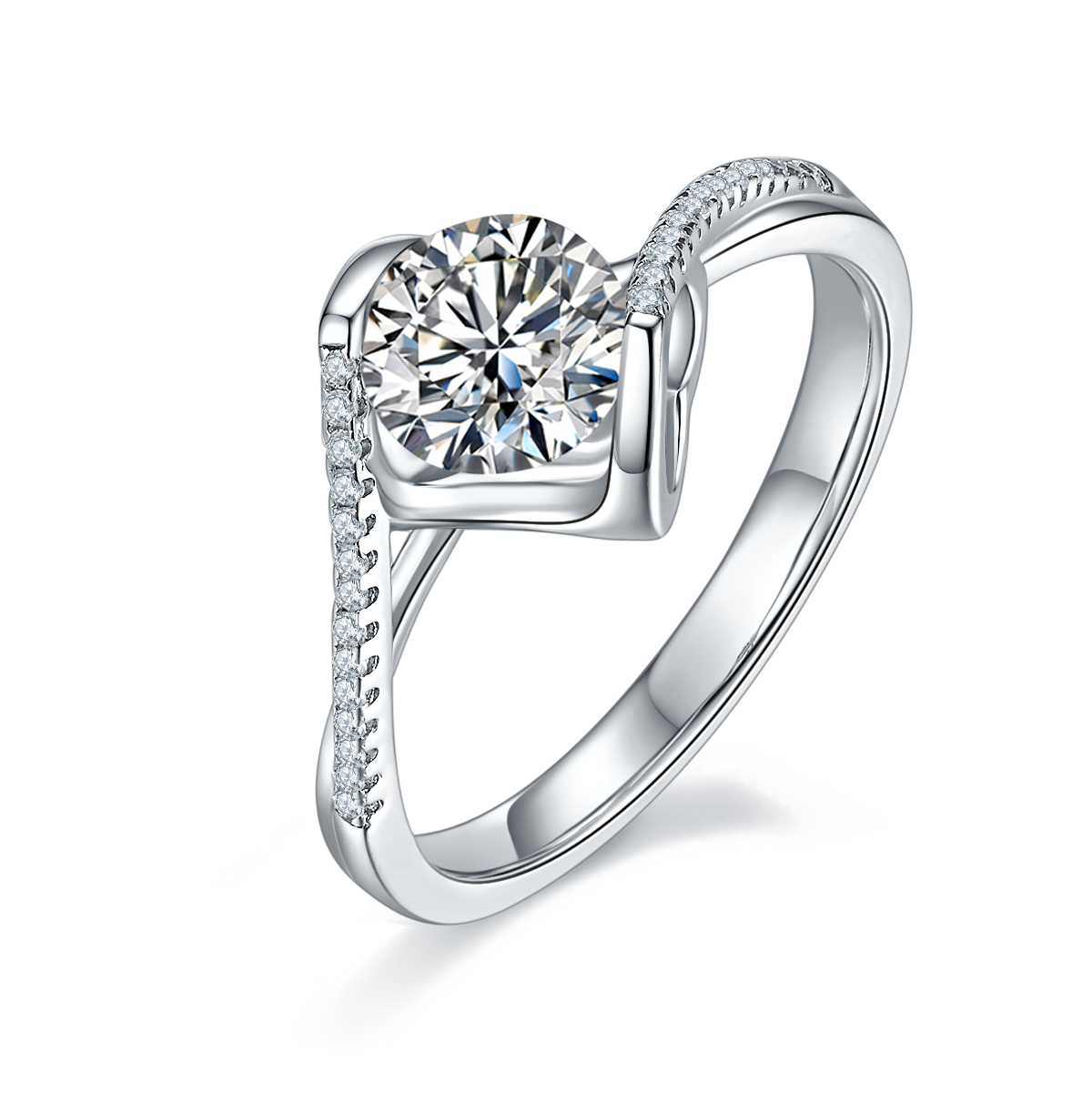 Sterling Silver 1ct Moissanite Engagement Ring, D-VVS1 Round Cut With Heart Setting & Pave