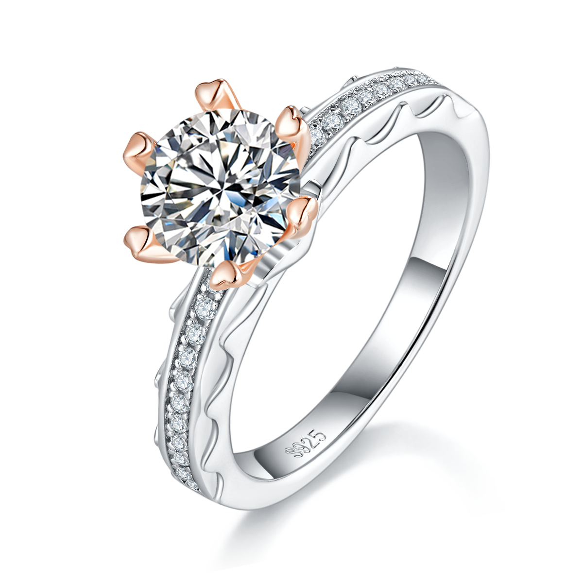 Sterling Silver 1ct Moissanite Ring, 6.5mm Round Cut With Gold Heart Prongs, Pave Band, US