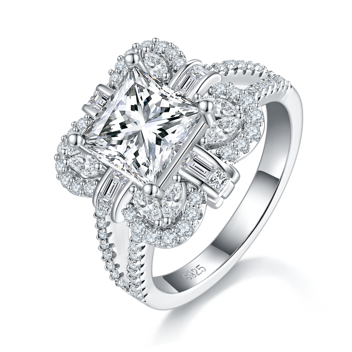 Sterling Silver 2ct Princess Cut Moissanite Ring, D-VVS1 Cluster Halo With Split Shank