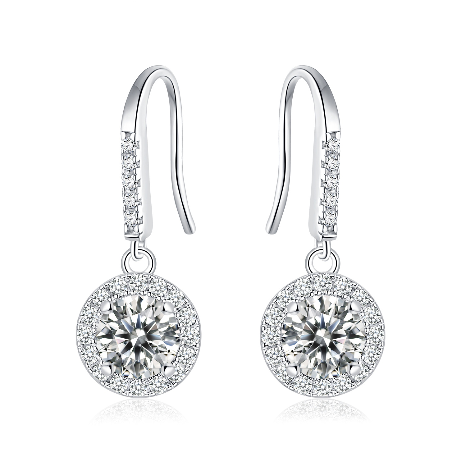Sterling Silver Moissanite Halo Dangle Earrings 0.5 Or1CT Platinum Plated Long Hook Drop